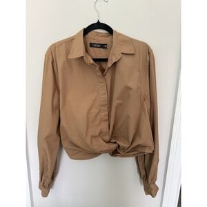 Ralph Lauren Twist Front Cropped Top Camel Sz 12 Broadcloth Blouse Old Money